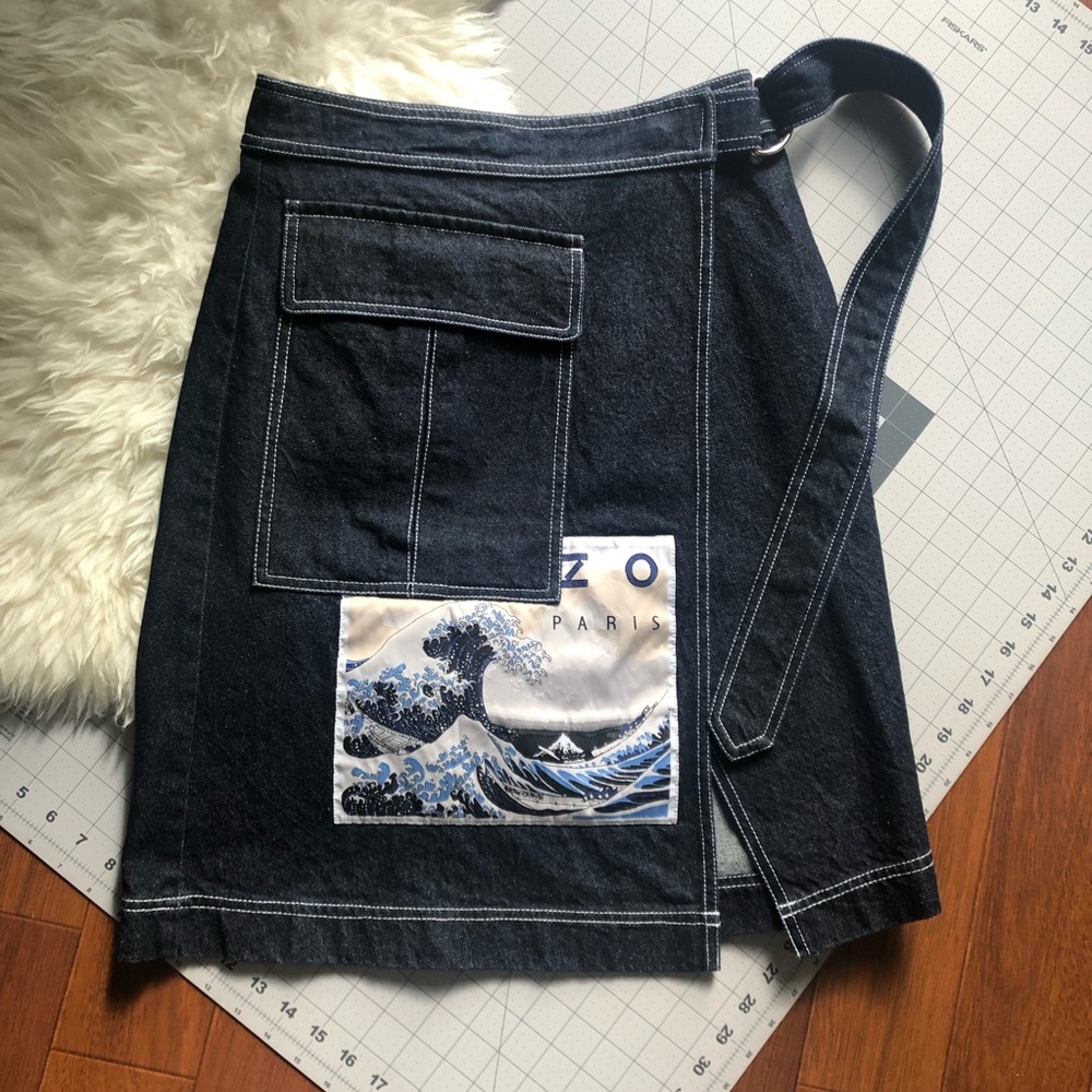 Kenzo warped dark blue denim mid skirts S The Great Wave off Kanagawa pattern